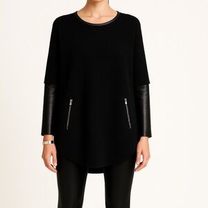 Maje Poncho Black Wool Cashmere Ribbed Lamb Leather Trim Excellent Size 1 / S